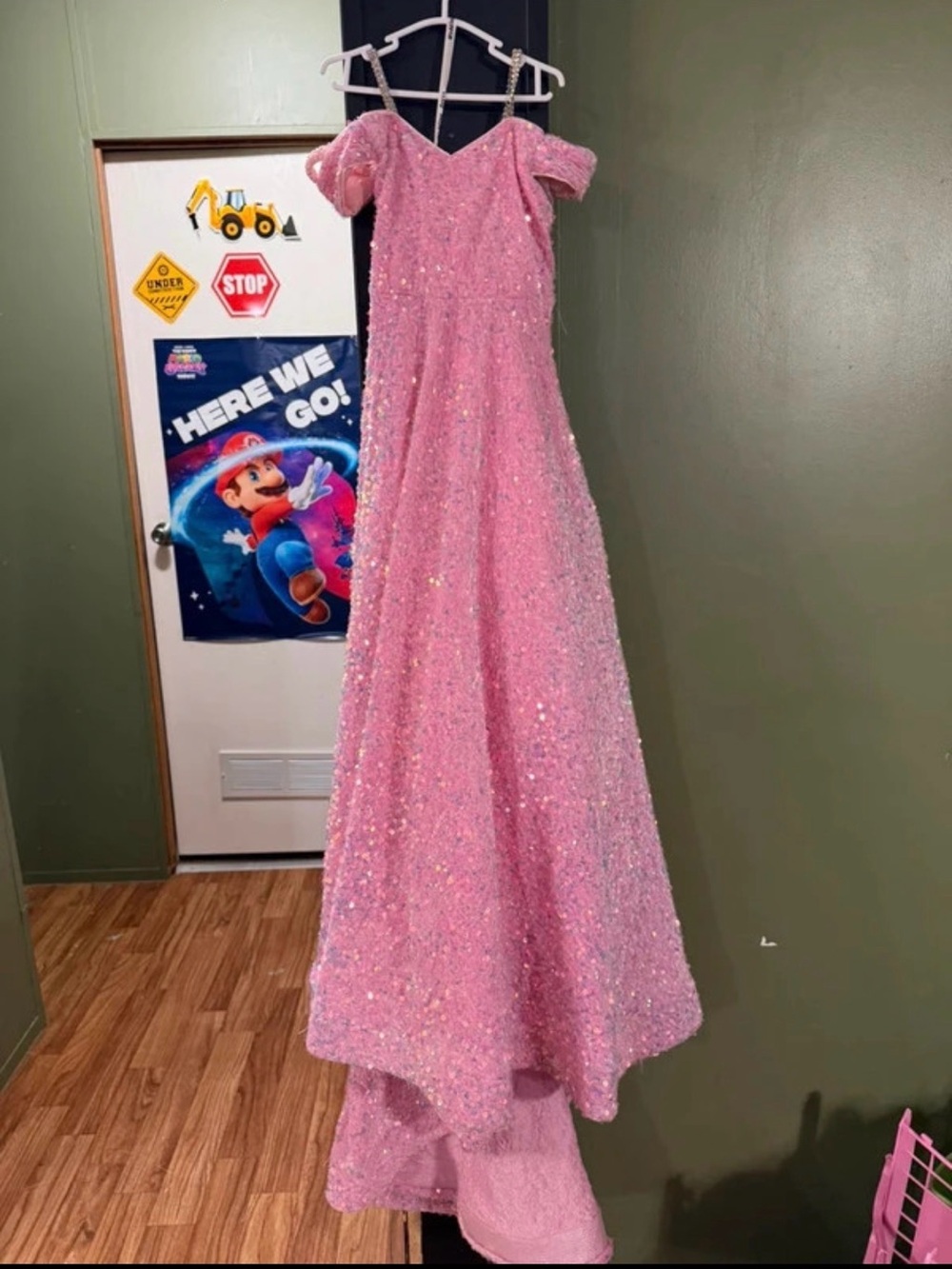 Girls' Pink Sparkle Off-Shoulder Formal Dress